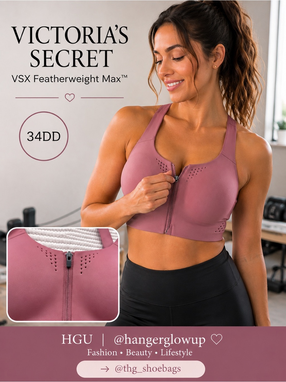 Retail: $64 Victoria’s Secret VSX Featherweight Max Sports Bra 34DD Mauve NWT